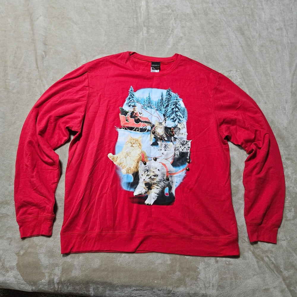 Christmas Cat Sleigh Graphic Sweatshirt Red Womens XXL Holiday Pullover